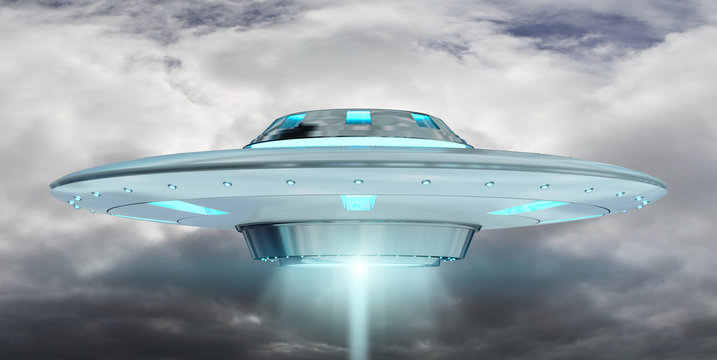 Vintage UFO flying on cloudy sky 3D rendering