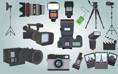 Colletion of  Photographer camera equipment with isolated objects