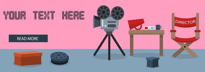Concept of Flat Cinema banner with isolated objects