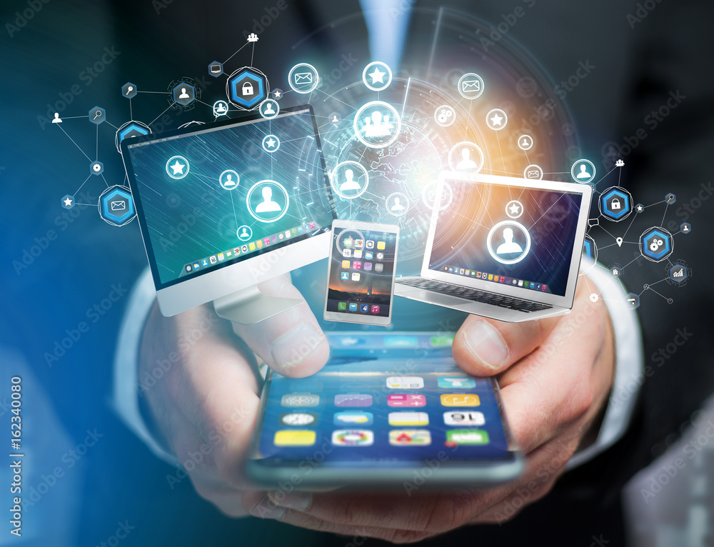 Poster computer and devices displayed on a futuristic interface with business network - multimedia and tech