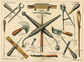 Tools used by a saddler and upholsterer. Date: 1875 - obrazy, fototapety, plakaty