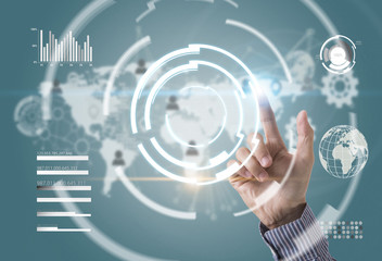 Business hand with application icons interface and globe networking system. concept technology social network communication.