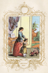 Mother scolding daughter for carelessness. Date: 1859