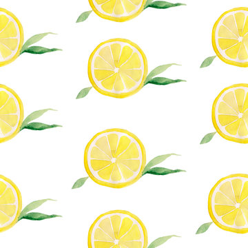 Watercolor illustration of lemon seamless pattern on white background