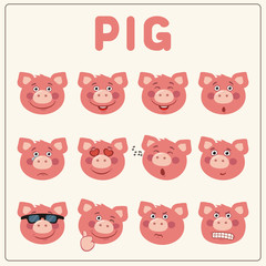 Emoticons set cartoon pig face. Collection isolated funny pig different emotion.