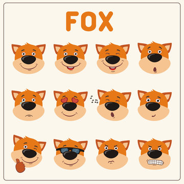 Emoticons set cartoon fox face. Collection isolated funny fox different emotion.