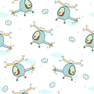 Cute seamless pattern with helicopter cartoon hand drawn vector illustration