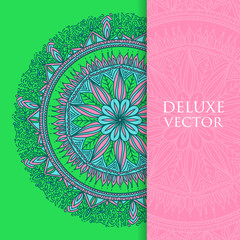 Square invite template. Vector invitation with mandala design element. Round flower ornament. Decorative vintage print. Luxury floral weave pattern.