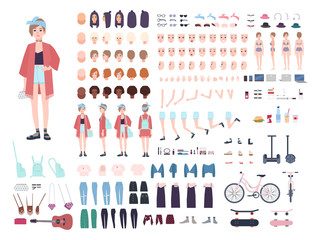 Teenager character constructor. Young trendy girl creation set. Different postures, hairstyle, face, legs, hands, clothes, accessories collection. Vector cartoon illustration. Front, side, back view.