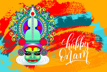 happy onam greeting card with indian kathakali dancer face