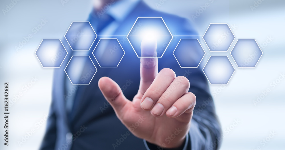 Poster businessman pressing button on virtual screen. man pointing on futuristic interface. innovation tech