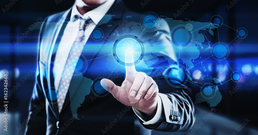 Poster businessman pressing button on virtual screen. man pointing on futuristic interface. innovation tech