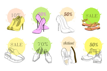 Set hand drawn graphic Man and Women Footwear, shoes for store discount. Casual and sport style, gumshoes for Shoes for all seasons. Moccasins, sneakers, boots, pumps. Doodle, drawing Design isolated