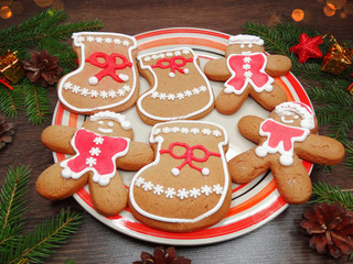 christmas cookies gingerbread and decoration on wooden background