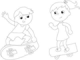 Coloring cartoon skateboarders isolated vector