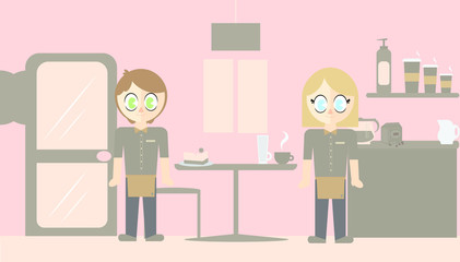 Vector set of waiter and waitress in cafeteria