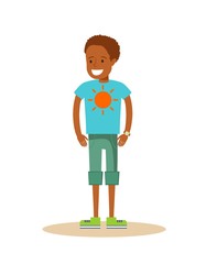 Full length portrait of Little happy black boy , cartoon vector illustration isolated on white background. Happy African American boy in shorts and t-shirt