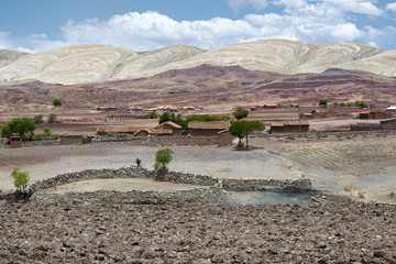 Panoramic scenic landscape at Maragua Crater. View of a village inside the crater of Maragua dormant volcano, Bolivia