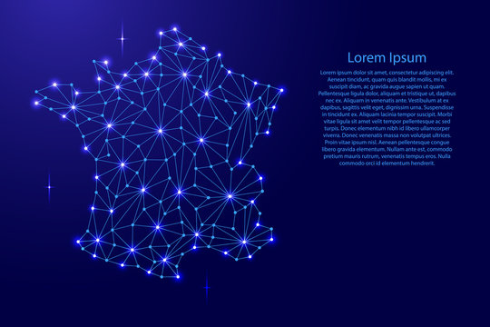 France map of polygonal mosaic lines, rays and space stars of vector illustration.