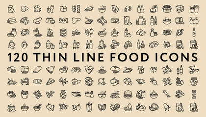 Big Set of 120 Thin Line Stroke Food Icons. Meat, milk, seafood, pasta, soup, bread, egg, cake, sweets, fruits, vegetables, drinks, nutrition, pizza, fish, sauce, cheese, butter, pie, nuts, snacks - obrazy, fototapety, plakaty