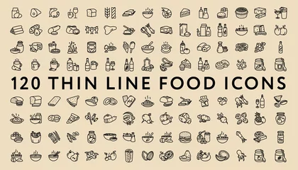 Fotobehang Big Set of 120 Thin Line Stroke Food Icons. Meat, milk, seafood, pasta, soup, bread, egg, cake, sweets, fruits, vegetables, drinks, nutrition, pizza, fish, sauce, cheese, butter, pie, nuts, snacks © Артём Ковязин