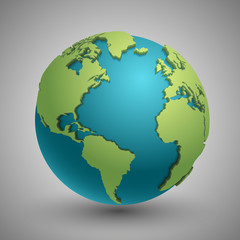 Earth globe with green continents. Modern 3d world map concept