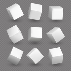Cube 3d models in perspective. Realistic white blank cubes with shadows isolated