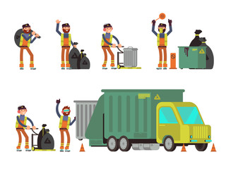 Garbage man collecting city rubbish and waste for recycling. Vector set