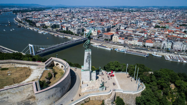 Aerial View of Budapest and the Danube River and Liberty statue