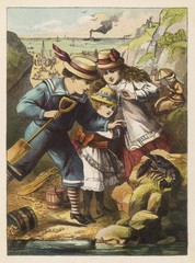 Children find a lobster. Date: circa 1870
