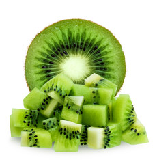 Half and diced kiwifruit isolated over white