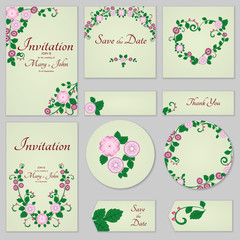 Collection Greeting cards with stylized gentle wild rose, can be used as invitation card for wedding, birthday and other holiday and summer background.Slavic folk style. Floral template collection.