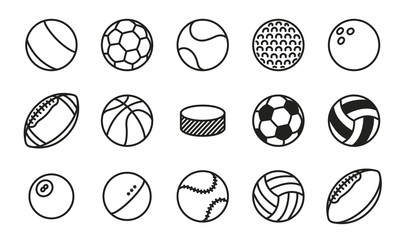 Sports Balls Minimal Flat Line Vector Icon Set. Soccer, Football, Tennis, Golf, Bowling, Basketball, Hockey, Volleyball, Rugby, Pool, Baseball, Ping Pong