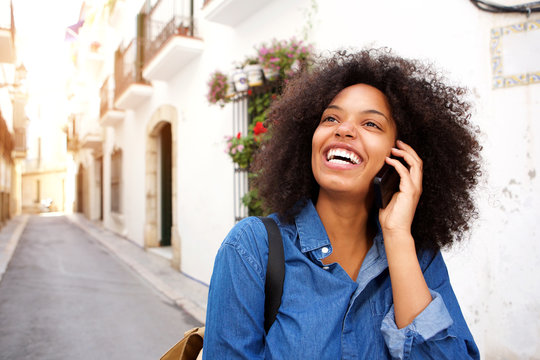 Close Up Smiling Woman Talking On Mobile Phone Walking On Street