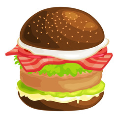 tasty burger grilled beef and fresh vegetables dressed with sauce in bun for snack or lunch, hamburger classical american fast food meal usual menu could be barbecue meat bread tomato cheese on white