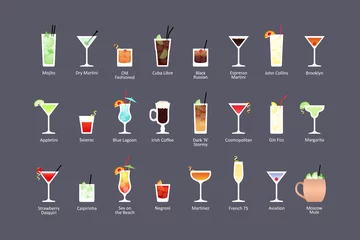 Foto op Plexiglas Most popular alcoholic cocktails part 1, icons set in flat style on dark background © Glitter_Klo