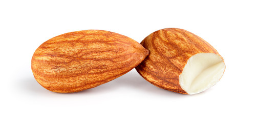 Almonds isolated. Almond on white background. Macro. Full depth of field.