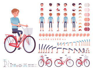 Young man cycling city bike. Character creation set