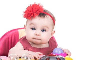 smiling adorable baby girl with blue eyes wearing red dress and red bow on her head, sitting in baby walker, isolated on white