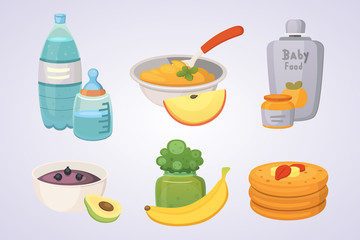 Juices and purees from green apples and broccoli for baby. food for baby cartoon products set.