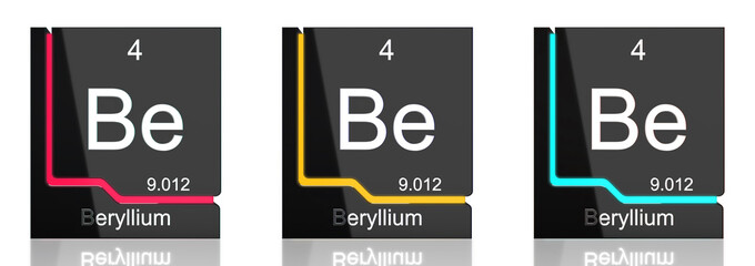 Beryllium element symbol from the periodic table in three colors