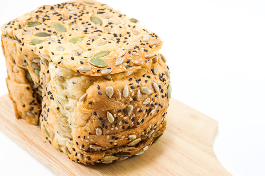 Fresh sliced bread with sunflower and sesame seeds; Healthy and diet food