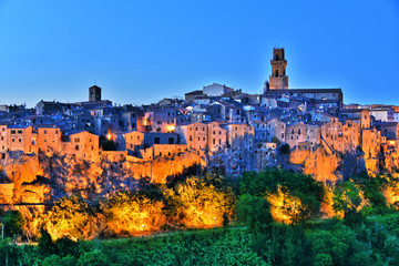 City of Pitigliano in Tuscany, Italy after sunset
