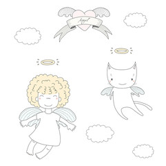 Hand drawn vector illustration of a cute little angel girl with puffy hair and angel cat, flying, with heart and text Angel on a ribbon