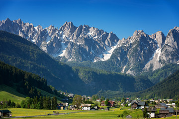 Colorful outdoor scene in the Austrian Alps. Summer sunny day in the Gosau village on the Grosse...