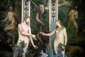 Sacro Monte di Varallo, Piedmont, Italy, June 02 2017 - biblical characters scene representation of Adam and Eve in the Eden - obrazy, fototapety, plakaty