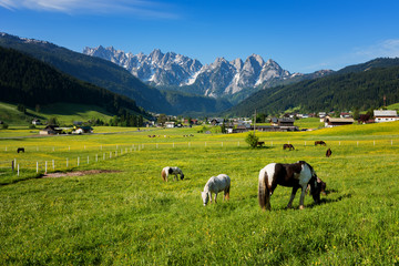 Fototapeta premium Colorful outdoor scene in the Austrian Alps. Summer sunny day in the Gosau village on the Grosse Bischofsmutze mountain range, Austria, Europe. 