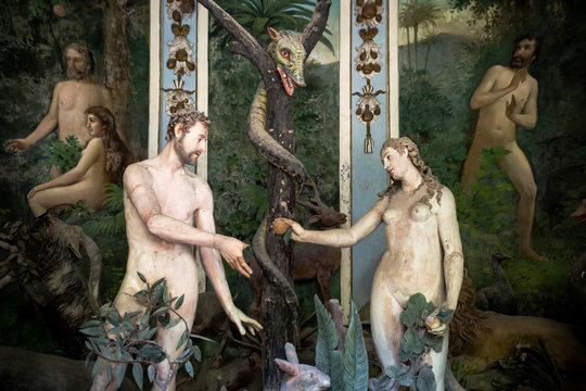 Sacro Monte di Varallo, Piedmont, Italy, June 02 2017 - biblical characters scene representation of Adam and Eve in the Eden
