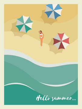 Summer holiday or party poster or postcard template with sunny sandy beach, sexy woman in bikini, sea with waves and umbrellas.