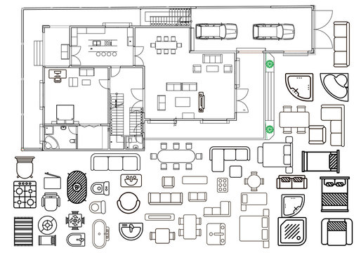 Floorplan With Isolated Furniture Elements In Top View 